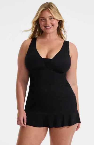 Lands' End Plus Size Slendersuit Grecian Mini Swim Dress In Black