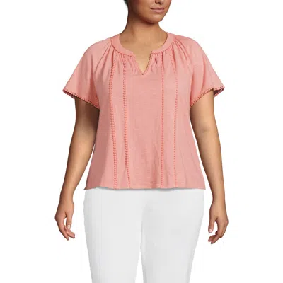 Lands' End Plus Size Slub Short Sleeve Notch Neck Top In Pink