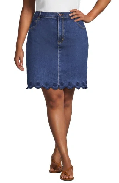 Lands' End Plus Size Soft Denim 5 Pocket Above The Knee Skirt With Embroidered Hem In Crawford Wash