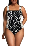 Lands' End Plus Size  Square Neck High Leg One Piece Swimsuit In Black/egret Mixed Tossed Dots