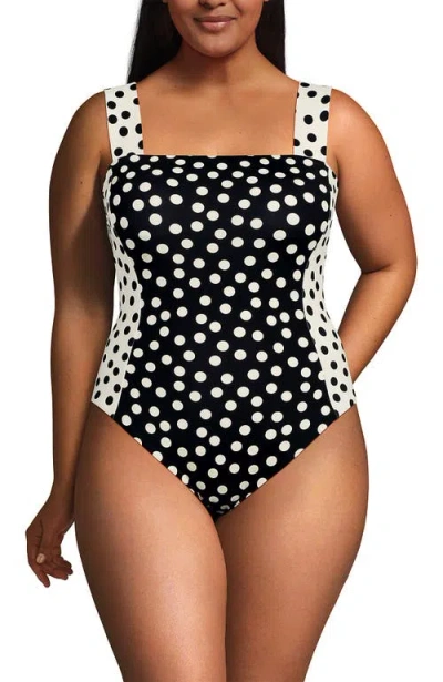 Lands' End Plus Size  Square Neck High Leg One Piece Swimsuit In Black/egret Mixed Tossed Dots