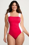 Lands' End Plus Size  Square Neck High Leg One Piece Swimsuit In Coral Rose/white