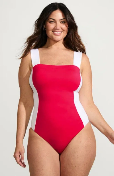 Lands' End Plus Size  Square Neck High Leg One Piece Swimsuit In Coral Rose/white