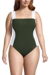 Lands' End Plus Size  Square Neck High Leg One Piece Swimsuit In Rich Olive Green/white
