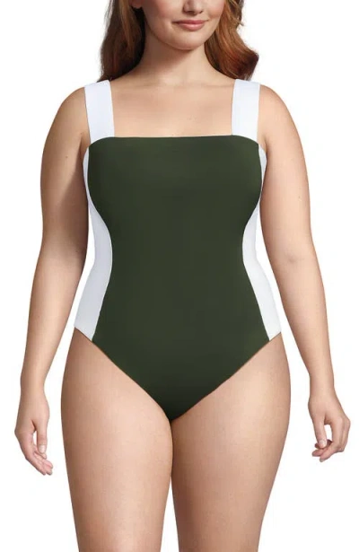 Lands' End Plus Size  Square Neck High Leg One Piece Swimsuit In Rich Olive Green/white