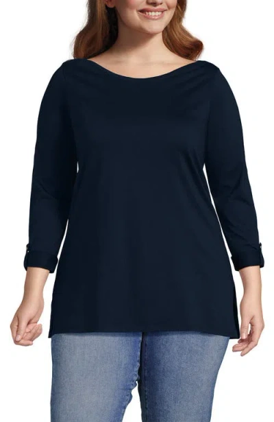 Lands' End Plus Size Supima Cotton Adjustable 3/4 Sleeve Boatneck Tunic In Radiant Navy