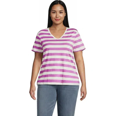 Lands' End Plus Size Supima Cotton V-neck T-shirt In Ivory/aster Pink Bold Stripe