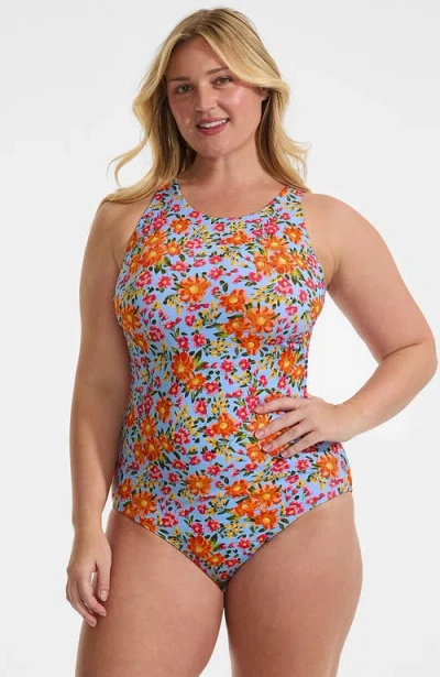 Lands' End Plus Size Tugless High Neck Portrait Back One Piece Swimsuit In Multi