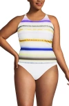 Lands' End Tugless High Neck Strappy Back Tankini Swimsuit Top In Egret White Multi Ombre Stripe