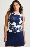 Lands' End Tugless High Neck Strappy Back Tankini Swimsuit Top In White/navy Lilies Placement