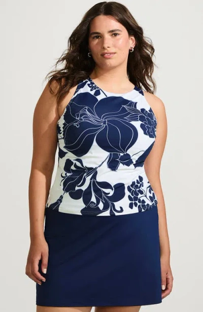Lands' End Tugless High Neck Strappy Back Tankini Swimsuit Top In White/navy Lilies Placement