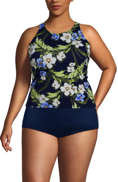 Lands' End Plus Size Tugless High Neck Strappy Back Tankini Top In Black