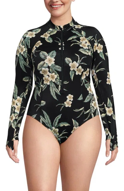 Lands' End Plus Size Tugless Long Sleeve Rash Guard One Piece Swimsuit