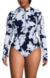Lands' End Plus Size Tugless Long Sleeve Rash Guard One Piece Swimsuit In Deep Sea Navy/white Lilies