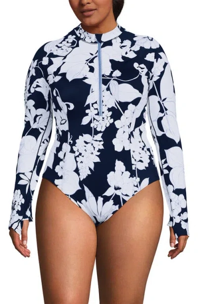 Lands' End Plus Size Tugless Long Sleeve Rash Guard One Piece Swimsuit In Deep Sea Navy/white Lilies