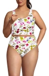 Lands' End Tugless Tankini Top And High Waisted Bottom Swimsuit Set In White Multi Garden Floral