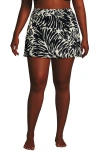 Lands' End Plus Size Tummy Control Swim Skirt In Black/egret White Leaf Scroll