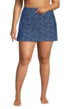 Lands' End Plus Size Tummy Control Swim Skirt In Navy/cloud Blue Ditsy Lilies