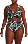Lands' End Plus Size V-neck Tankini And High Waisted Bottom Swimsuit Set In Black/egret White Leaf Scroll