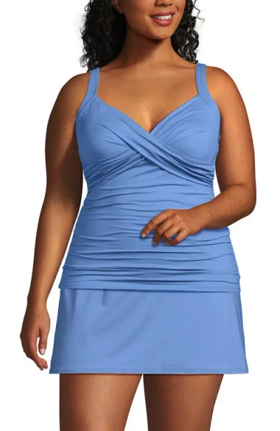 Lands' End Plus Size V-neck Wrap Underwire Tankini Swimsuit Top In Blue