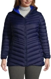 Lands' End Plus Size Wanderweight Packable Down Hooded Long Jacket In Deep Sea Navy