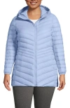 Lands' End Plus Size Wanderweight Packable Down Hooded Long Jacket In Light Cornflower