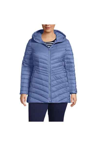 Lands' End Plus Size Wanderweight Packable Down Long Jacket In Blue
