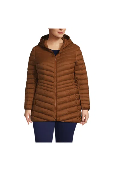 Lands' End Plus Size Wanderweight Packable Down Long Jacket In Orange