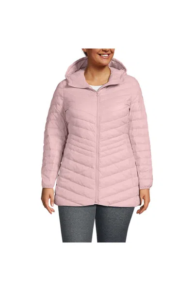 Lands' End Plus Size Wanderweight Packable Down Long Jacket In Pink