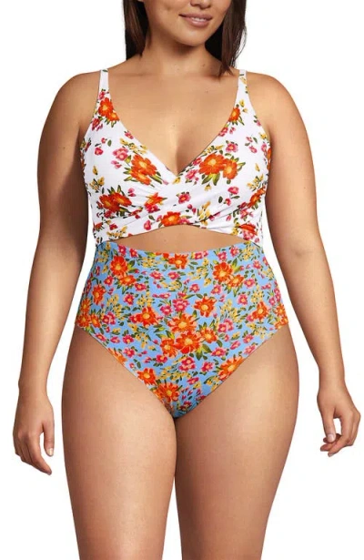 Lands' End Plus Size Wrap Monokini High Leg One Piece Swimsuit In Multi