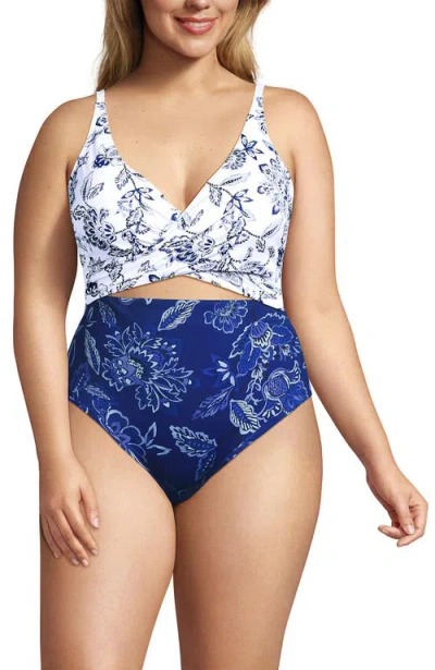Lands' End Plus Size Wrap Monokini High Leg One Piece Swimsuit In Blue