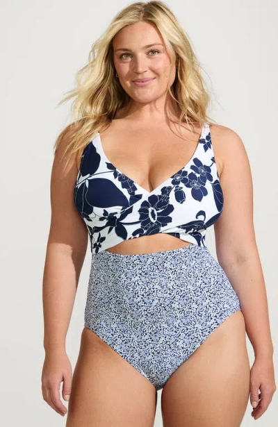 Lands' End Wrap Monokini High Leg One Piece Swimsuit In White/deep Sea Navy Lilies Mix