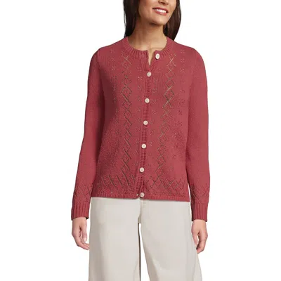 Lands' End Pointelle Crew Neck Cardigan Sweater In Brown