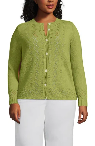 Lands' End Pointelle Crew Neck Cardigan Sweater In Green