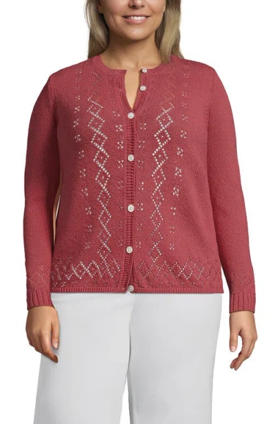 Lands' End Pointelle Crew Neck Cardigan Sweater In Pink