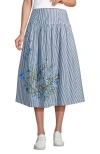 Lands' End Poplin Drop Waist Midi Skirt In Navy Striped Placed Floral