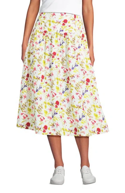Lands' End Poplin Drop Waist Midi Skirt In White Multi Garden Floral