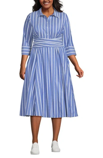 Lands' End Plus Size Poplin Midi Wrap Front Dress In Sapphire Gem Blue Broad Stripe