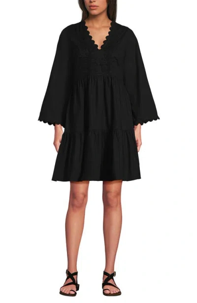 Lands' End Poplin V Neck Embroidered Dress In Black