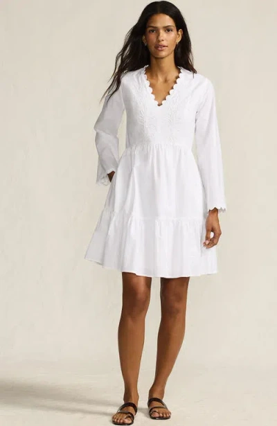 Lands' End Poplin V Neck Embroidered Dress In White