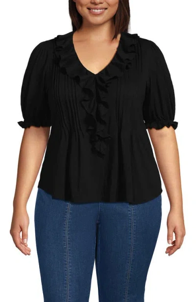 Lands' End Puff Sleeve Slub Ruffle Pintuck Top In Black