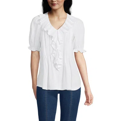 Lands' End Puff Sleeve Slub Ruffle Pintuck Top In White