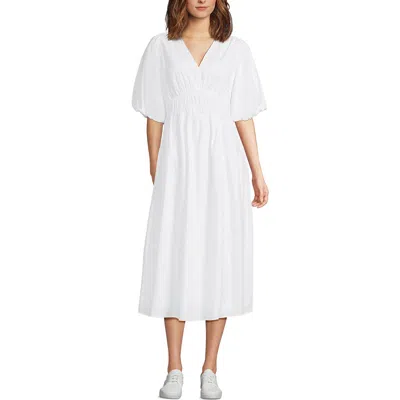 Lands' End Puff Sleeve Smocked Waist V Neck Dress In White