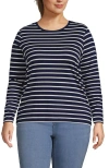 Lands' End Relaxed Supima Cotton Long Sleeve Crew Neck T-shirt In Deep Sea Navy Breton Stripe