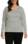 Lands' End Relaxed Supima Cotton Long Sleeve Crew Neck T-shirt In Ivory/black Breton Stripe