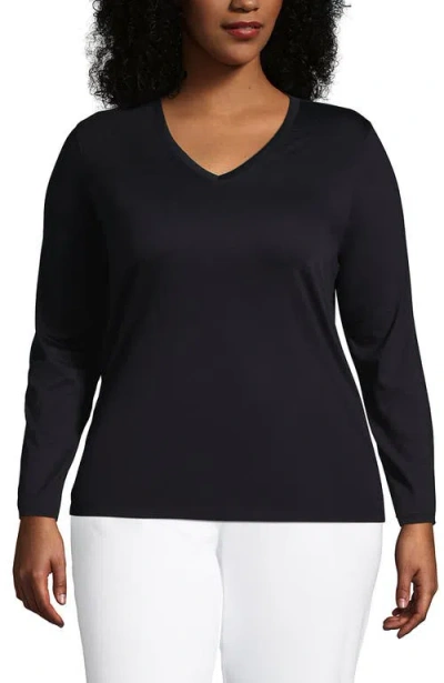 Lands' End Plus Size Relaxed Supima Cotton Long Sleeve V-neck T-shirt In Black