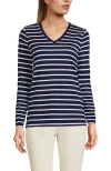Lands' End Relaxed Supima Cotton Long Sleeve V-neck T-shirt In Deep Sea Navy Breton Stripe