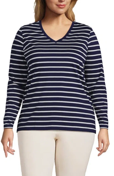 Lands' End Relaxed Supima Cotton Long Sleeve V-neck T-shirt In Deep Sea Navy Breton Stripe
