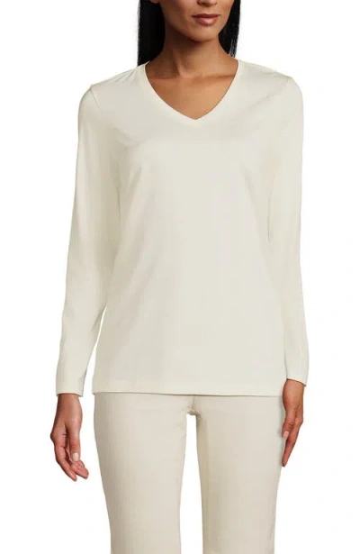 Lands' End Relaxed Supima Cotton Long Sleeve V-neck T-shirt In Fresh Ivory