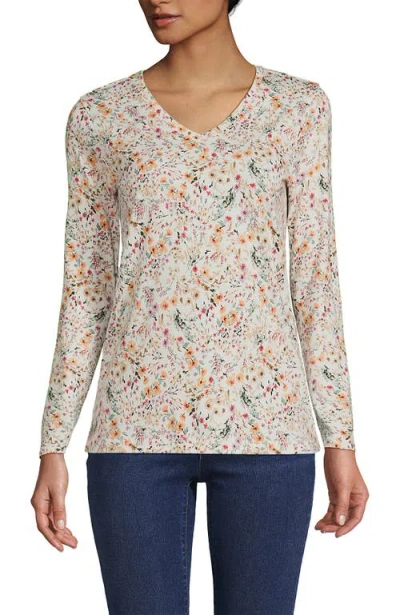 Lands' End Relaxed Supima Cotton Long Sleeve V-neck T-shirt In Ivory Wildflowers